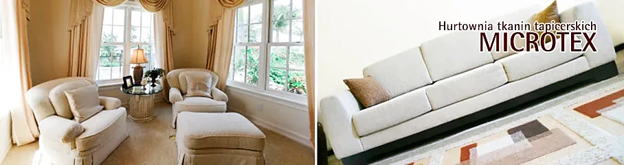 Jasne fotele przy oknach i kremowa sofa — baner hurtowni tkanin tapicerskich Microtex